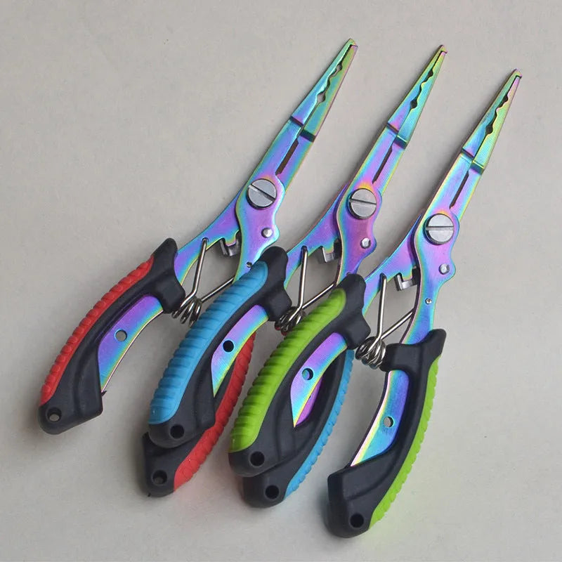 Medium stainless steel fishing pliers with a blue plastic handle, shown with a nylon carry bag and strap.