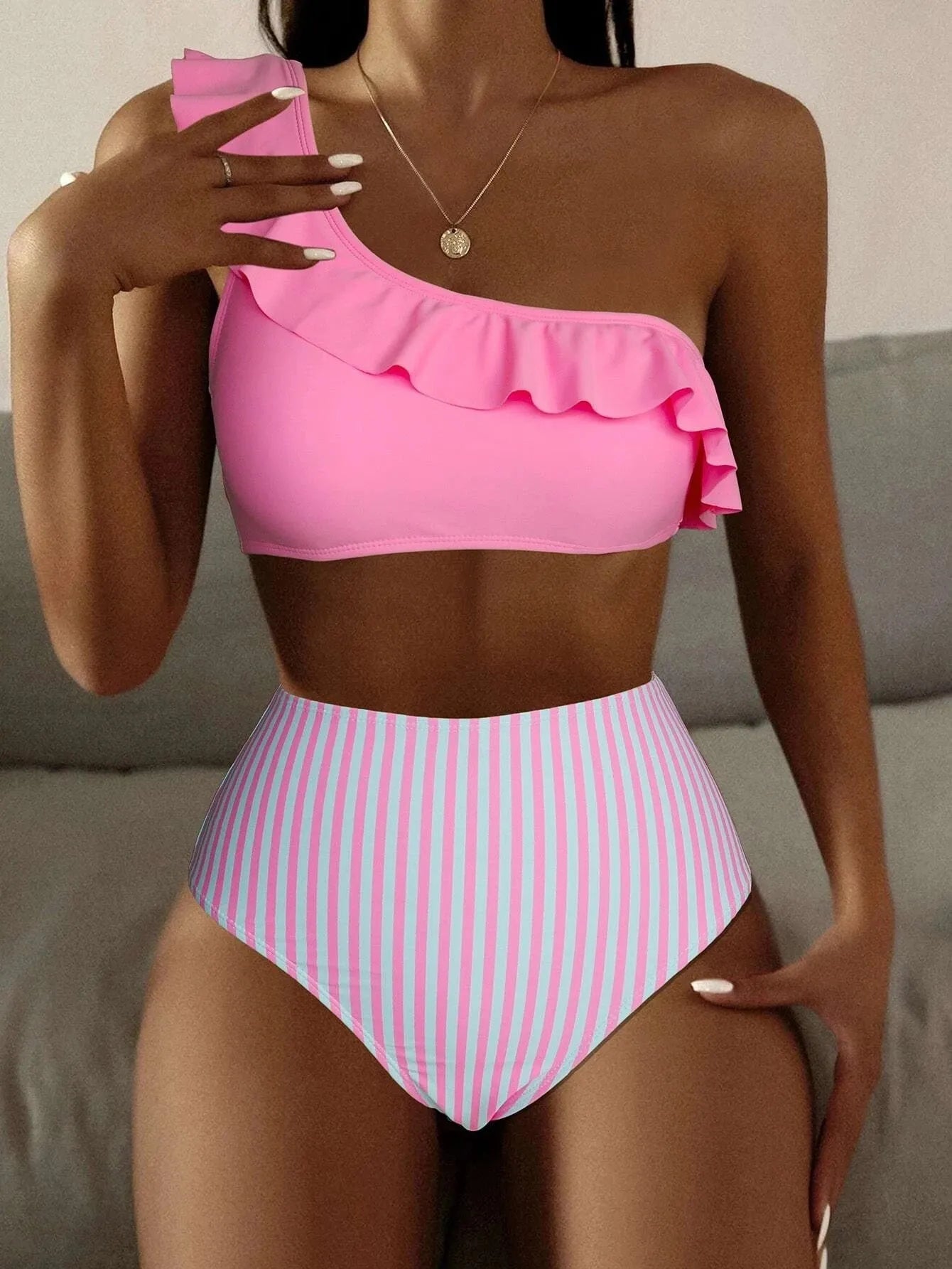 Women's striped solid colour split bikini swimsuit in multiple colours like army green and lavender purple.