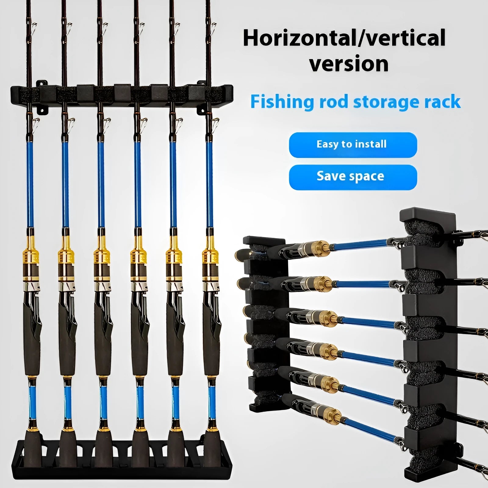 Black ABS plastic wall-mounted fishing rod storage rack with self-tapping screws
