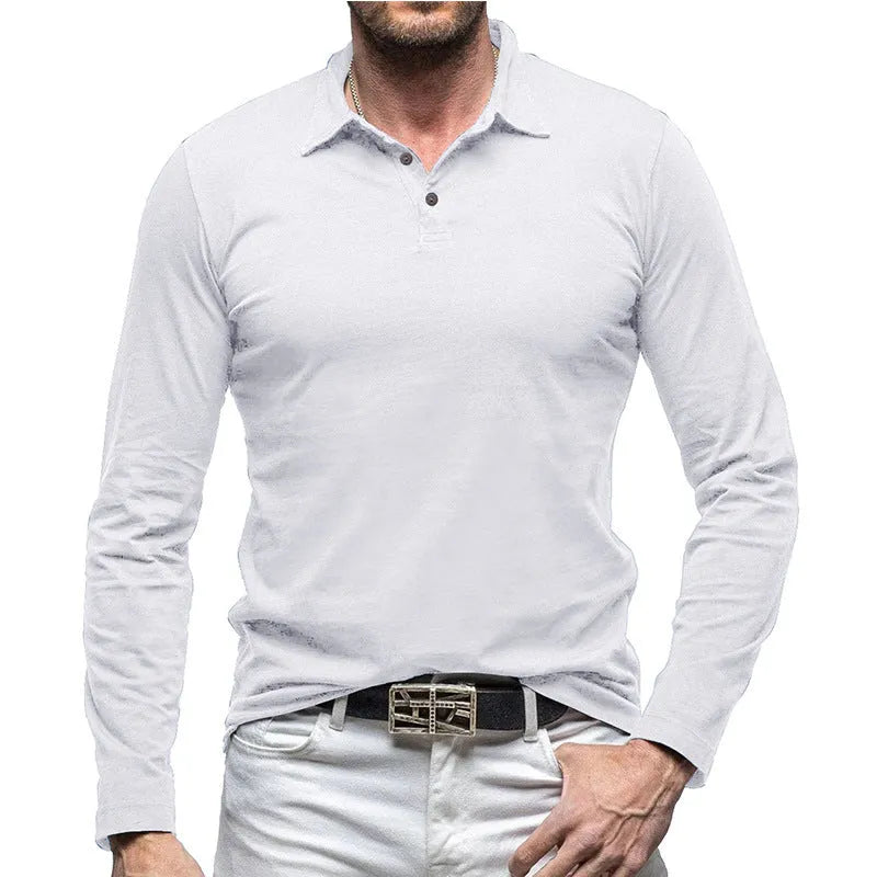 Men's long-sleeve cotton t-shirt with a polo collar in an army green colour, American retro style.
