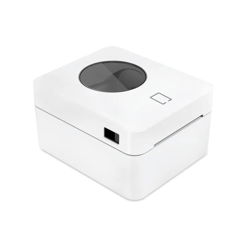 White Bluetooth thermal label printer with USB and wireless connectivity for heat-sensitive labels