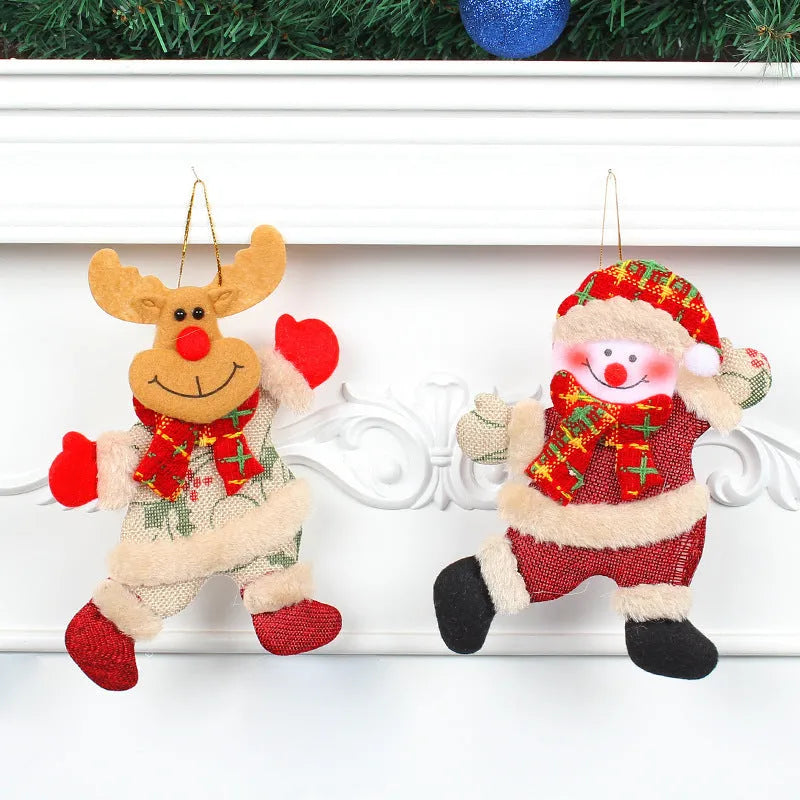 Set of four Christmas tree ornaments featuring Santa, snowman, reindeer and bear figures with red and white scarves