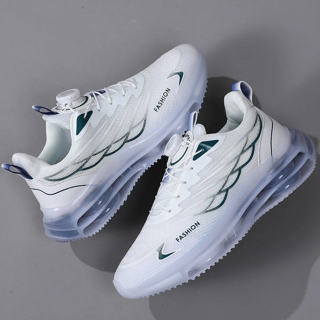 White men's low-top casual sports shoes with a rotating button lace system and breathable mesh upper.