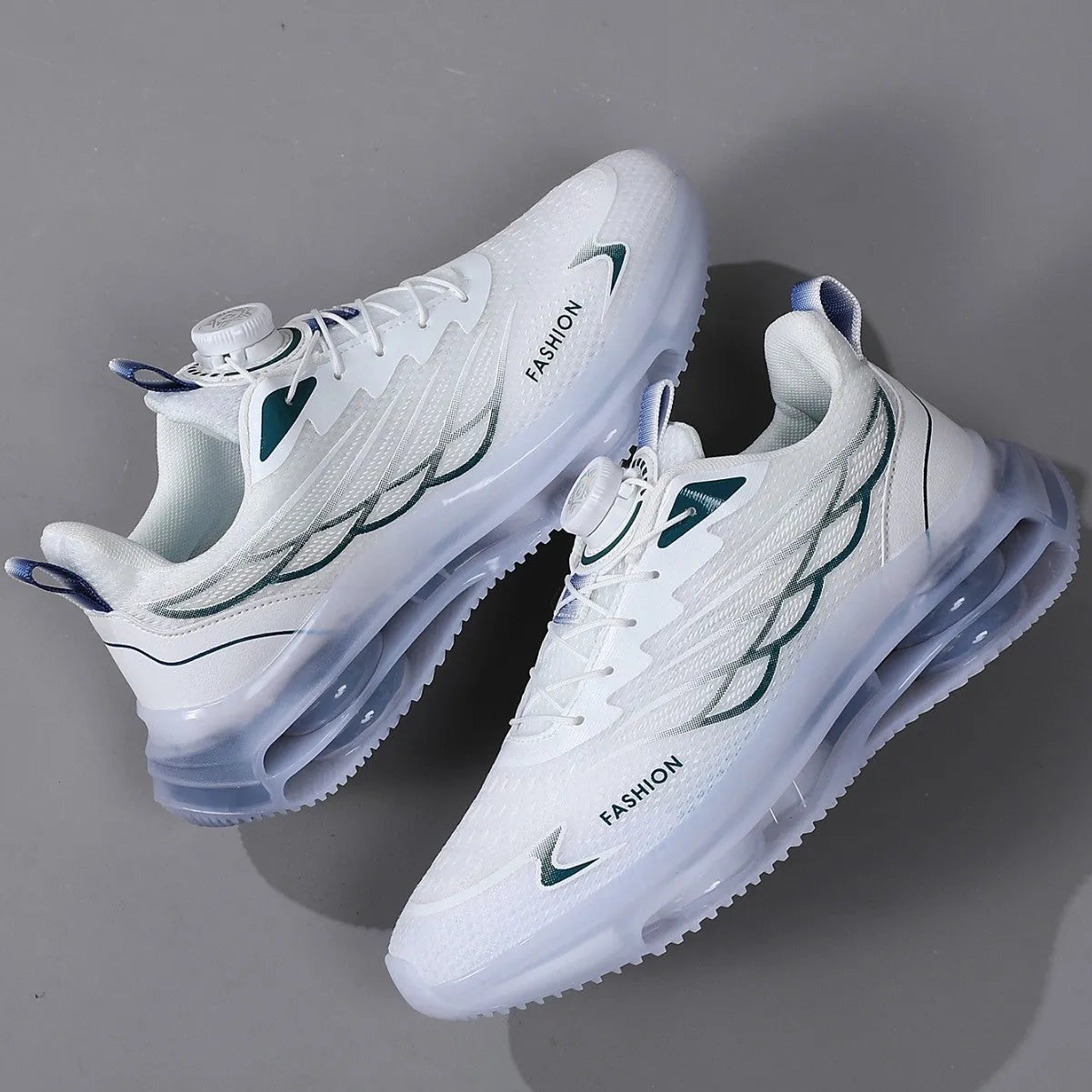 White men's low-top casual sports shoes with a rotating button lace system and breathable mesh upper.
