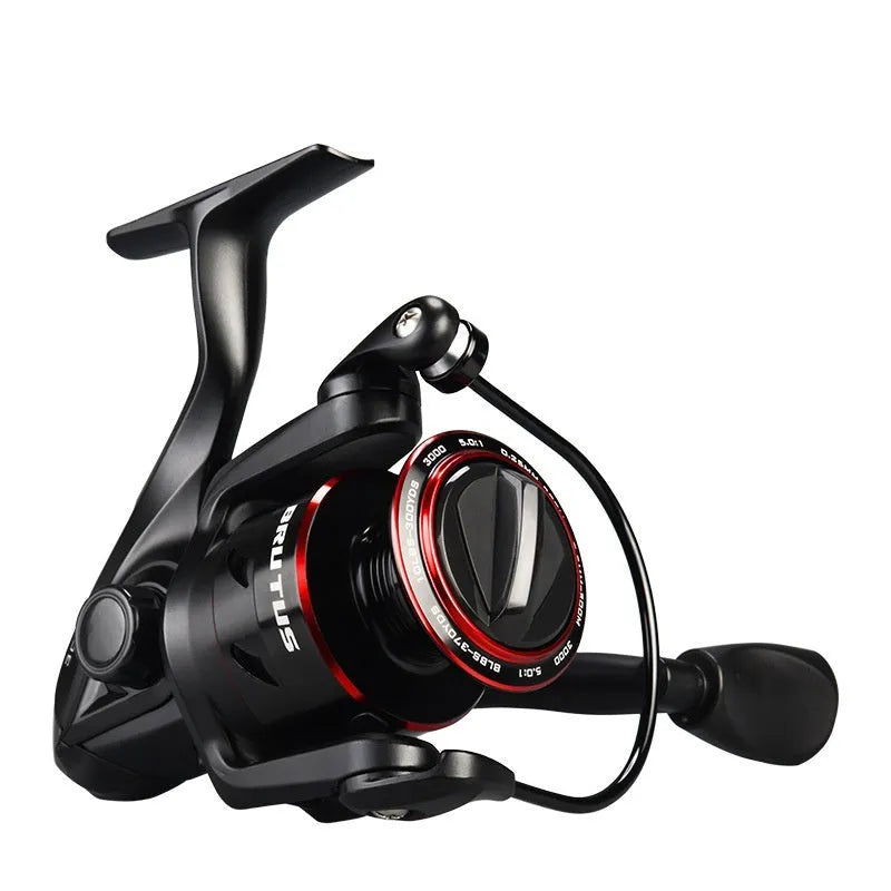 All-metal spinning fishing reel shown in 2000, 3000, 4000, and 5000 series sizes for telescopic rod fishing.