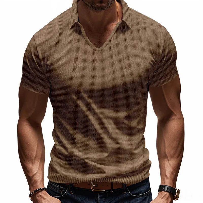 Men's loose fit solid colour V-neck short sleeve t-shirt on a hanger.