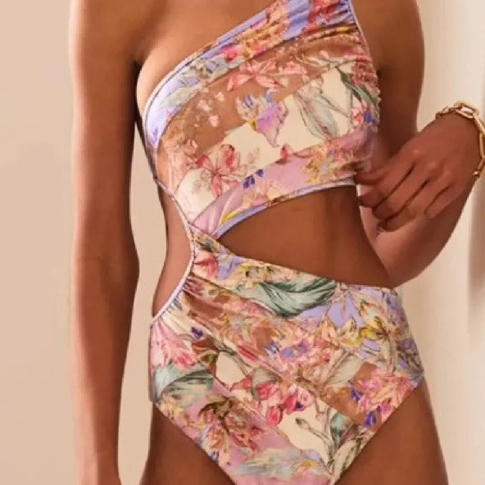Women's rose gold printed swimsuit in polyester fabric for summer beach and pool use