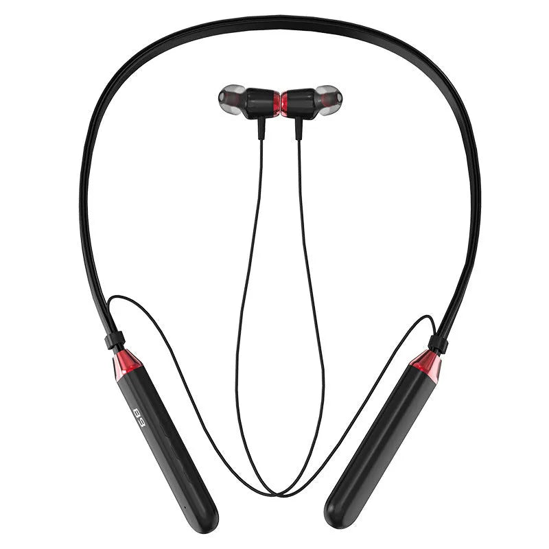 Wireless Bluetooth headset with hanging neck design, battery display, and Bluetooth 5.0 in black and red colours