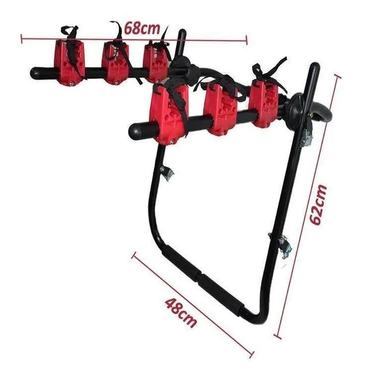 Black and red trunk-mounted bike rack showing pull belt and tie rope style options.