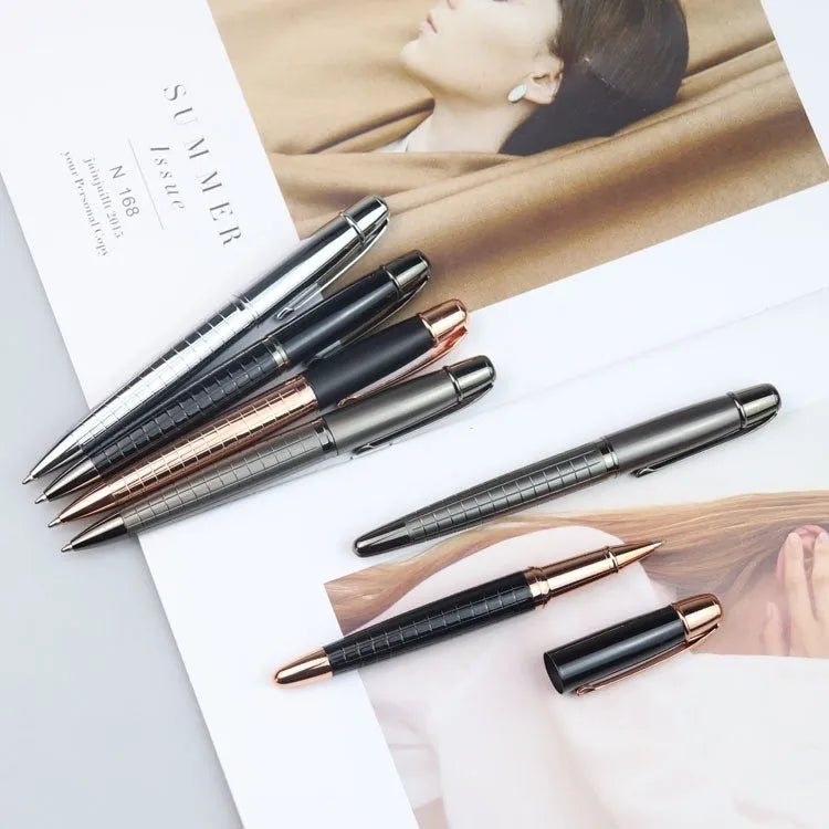 Gun grey metal rollerball pen for office use, shown with refillable ink cartridge options.