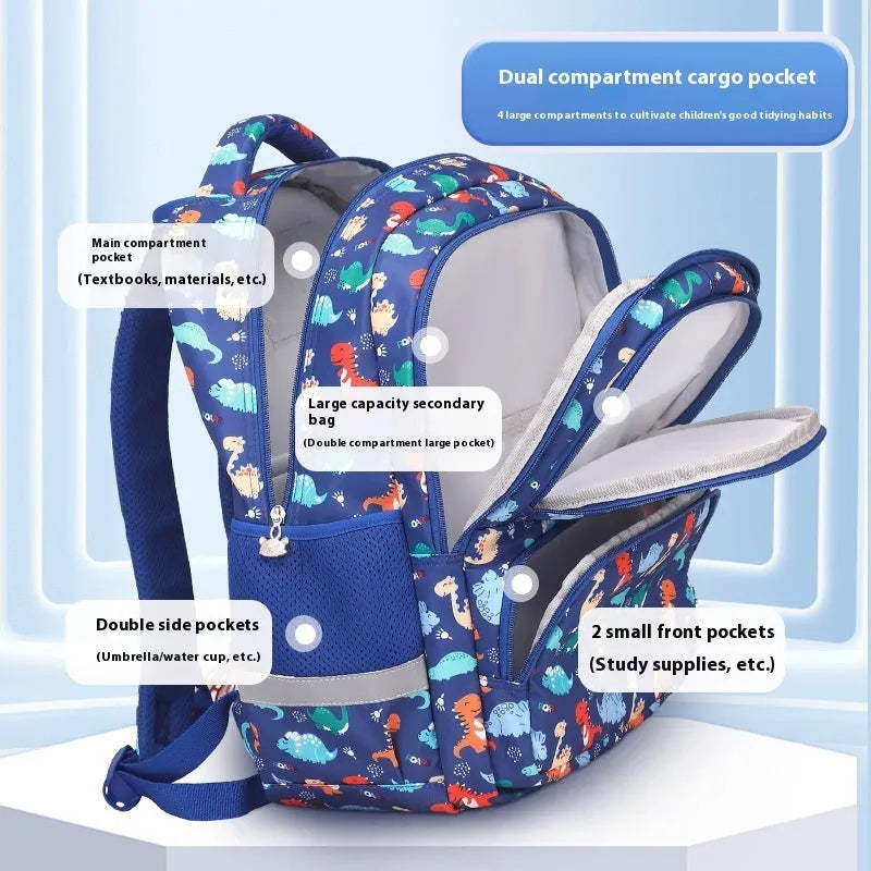 Blue children's dinosaur print school backpack with curved straps on a white background.