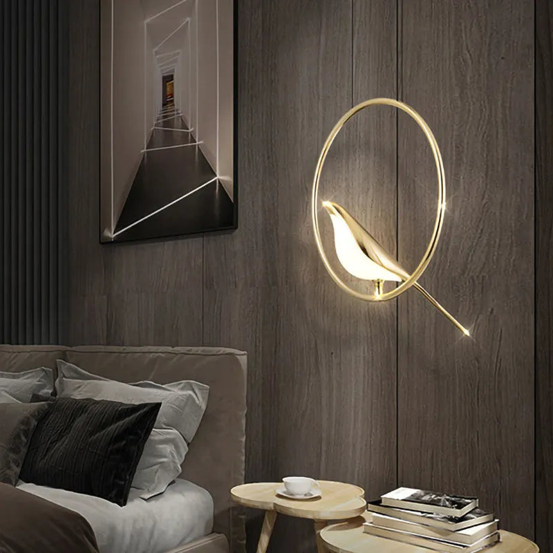 Tall modern magpie bird chandelier in zinc alloy and acrylic with neutral white LED light.