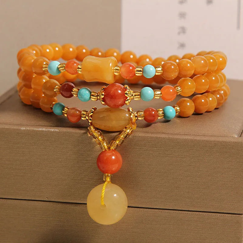 3-layer jade beaded bracelet phone pendant for women with gold-wire safety buckle and colourful beads