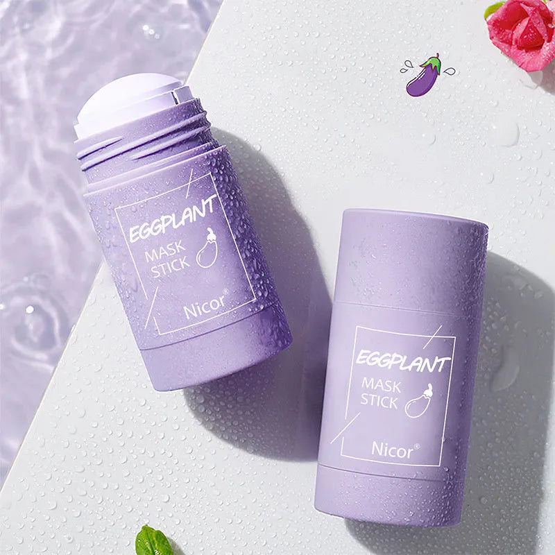Green Tea and Eggplant solid clay cleansing mask stick in packaging, 40g.