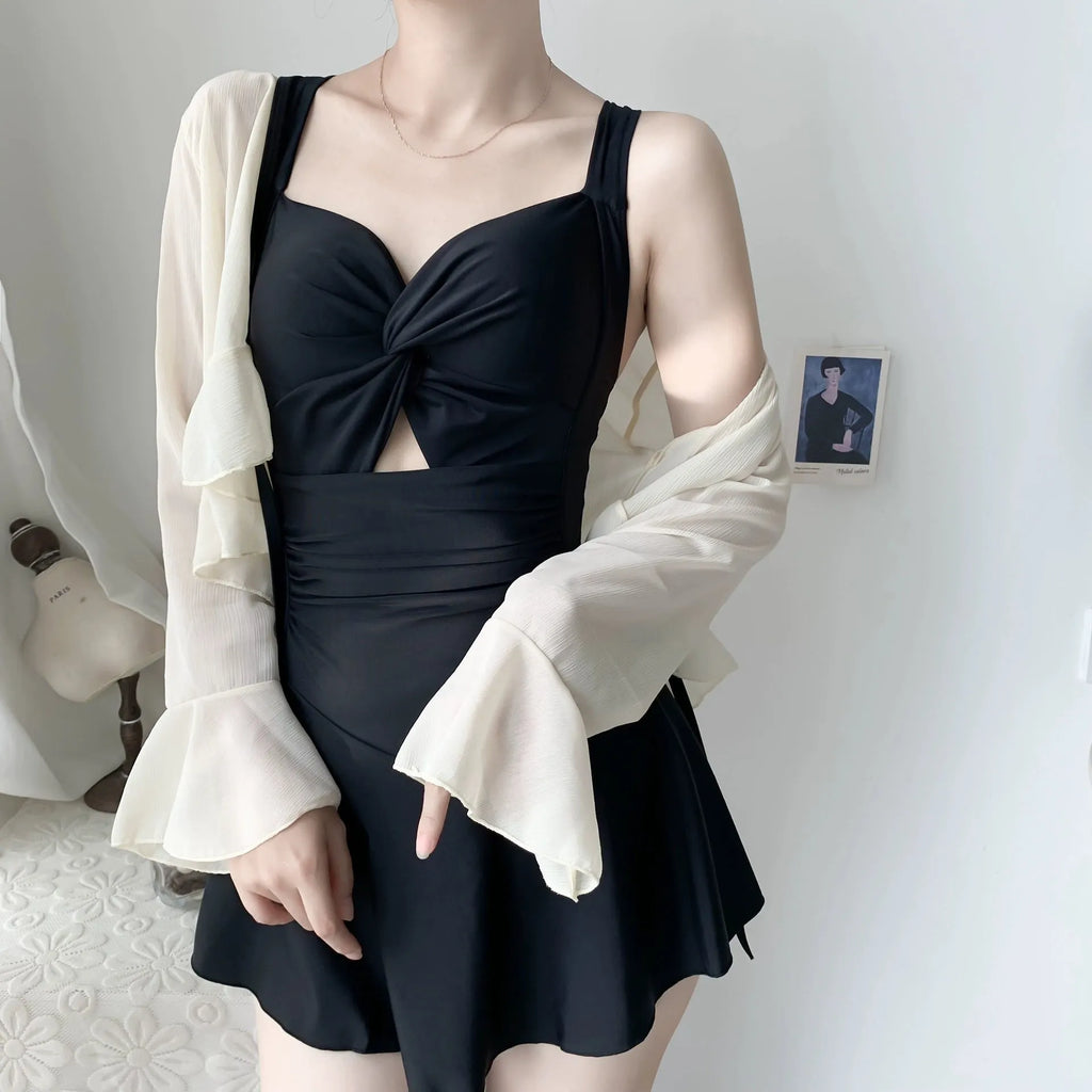 Women's milk silk two-piece swimsuit set with jacket in black, solid colour, size S to XL
