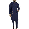 African men's striped robe two-piece set with long sleeve top and matching trousers in cotton fabric