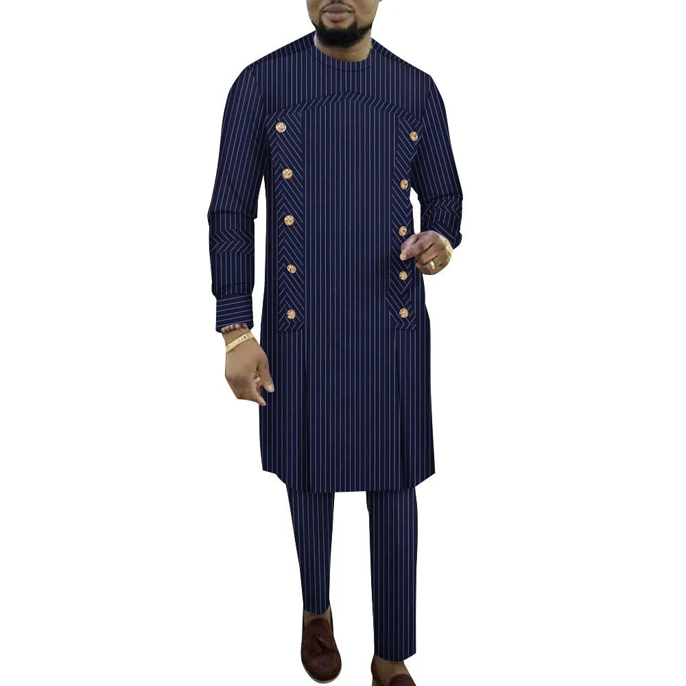 African men's striped robe two-piece set with long sleeve top and matching trousers in cotton fabric