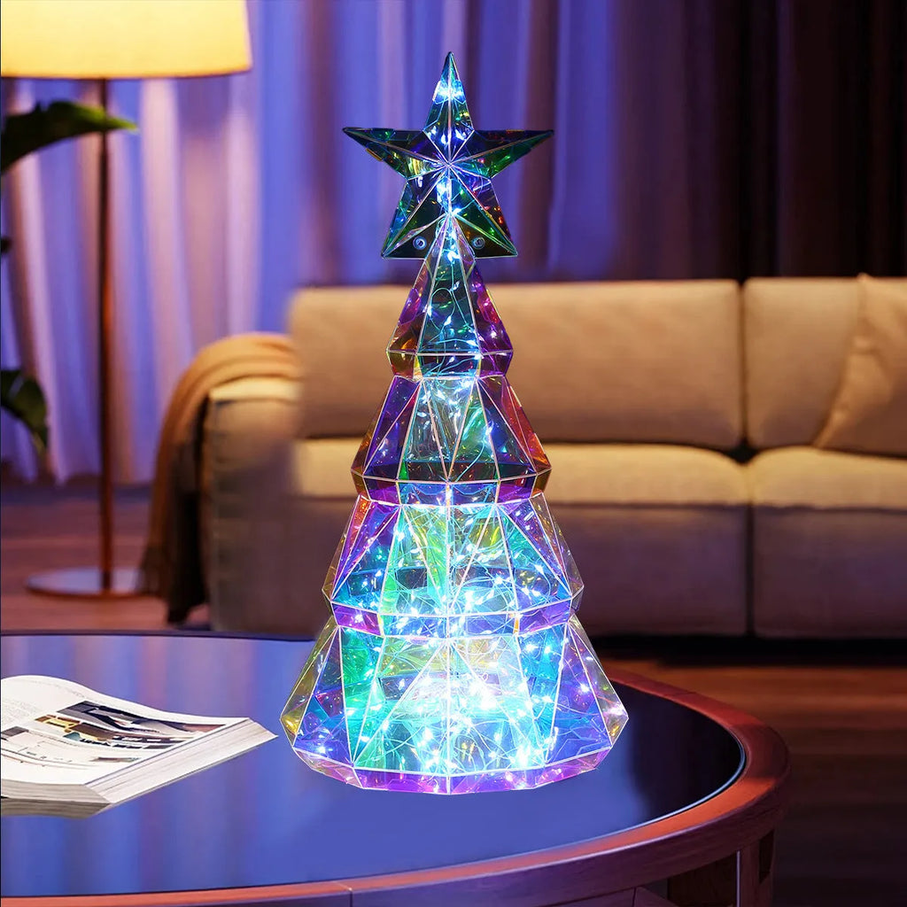 Colourful cartoon-style Christmas tree LED light decoration measuring 20cm high.