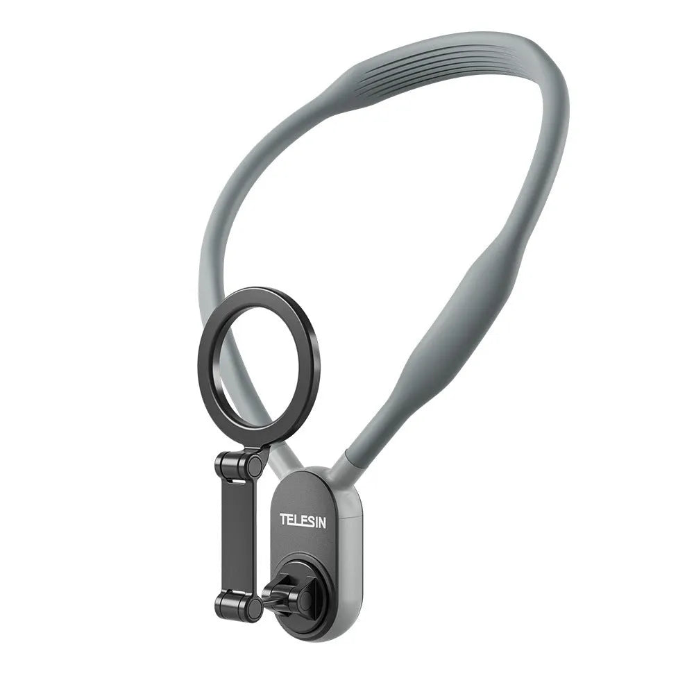 Grey silicone magnetic neck mount holding mobile phone in horizontal orientation