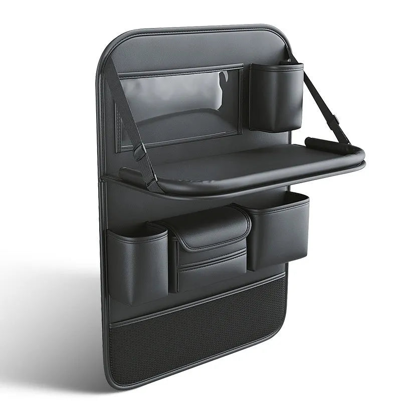 Car seat storage bag with foldable table in leather, hanging behind vehicle seat