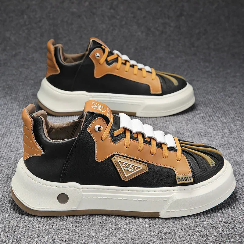 Men's beige low-top sneakers with elastic band fastening and round toe