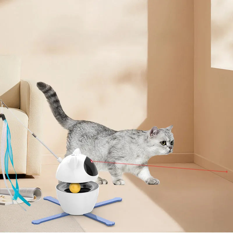 White electronic interactive cat toy with elastic rope attachment on flat surface