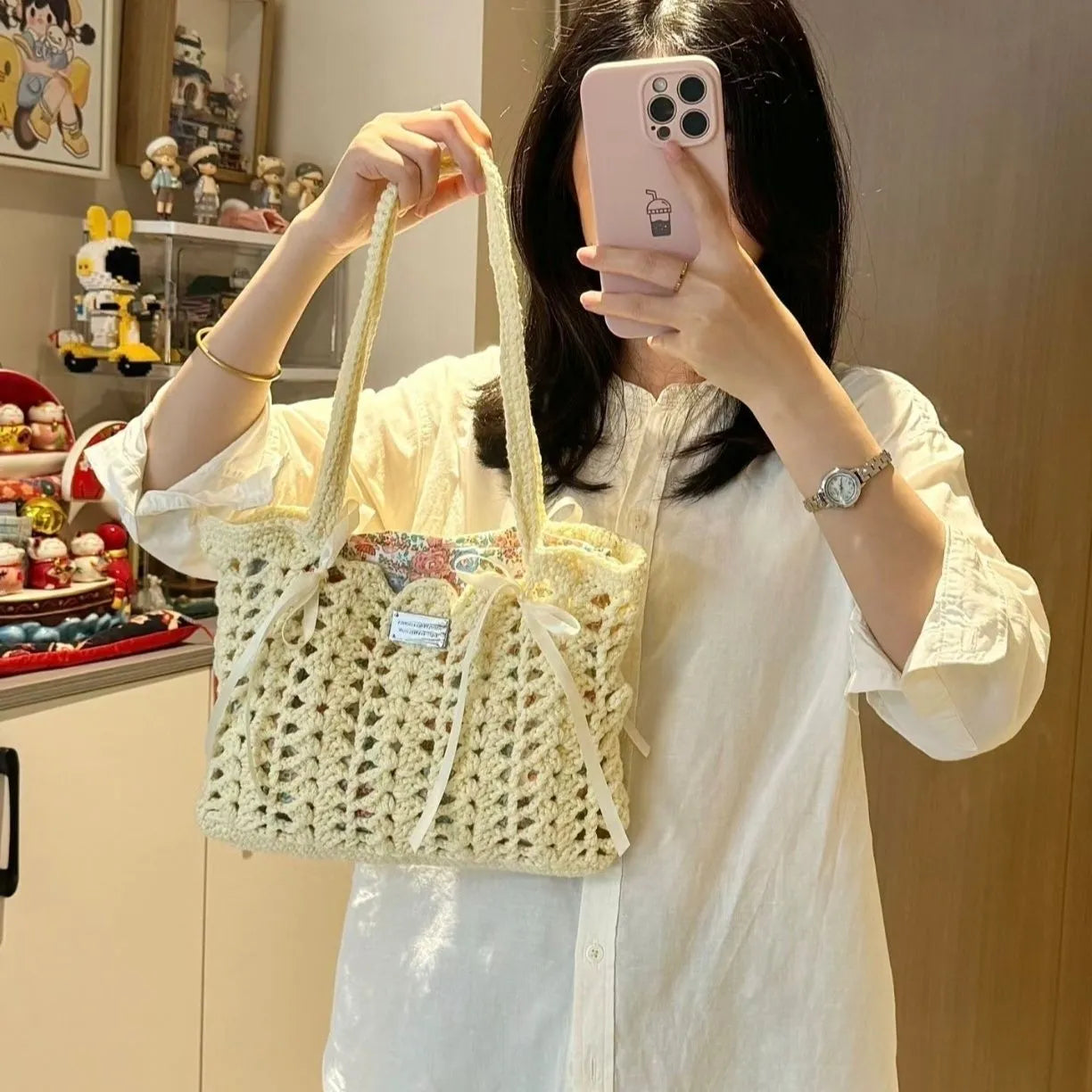 Handmade woven wool bag with floral summer design in six style options