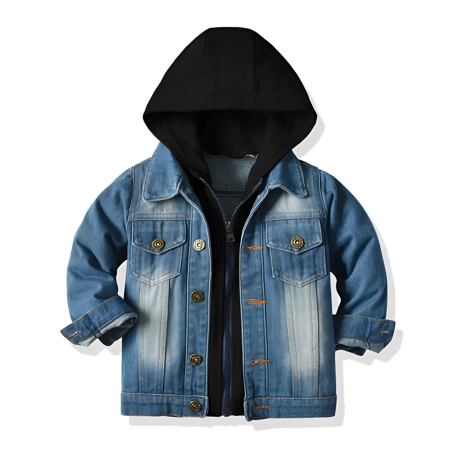 Children's grey hooded denim-style cotton top with lapel collar and single-breasted closure