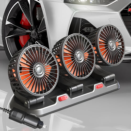 Three-head automotive electric cooling fan with extended cable for car interior use
