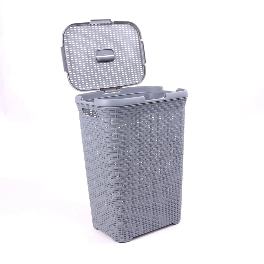 Plastic rattan woven laundry basket in beige, 44x34x62cm polypropylene construction