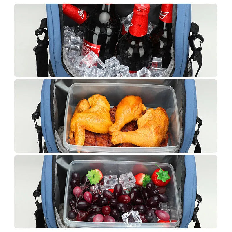 Insulated 20L beer backpack with shoulder-mounted bottle opener in black, blue, pink, or red