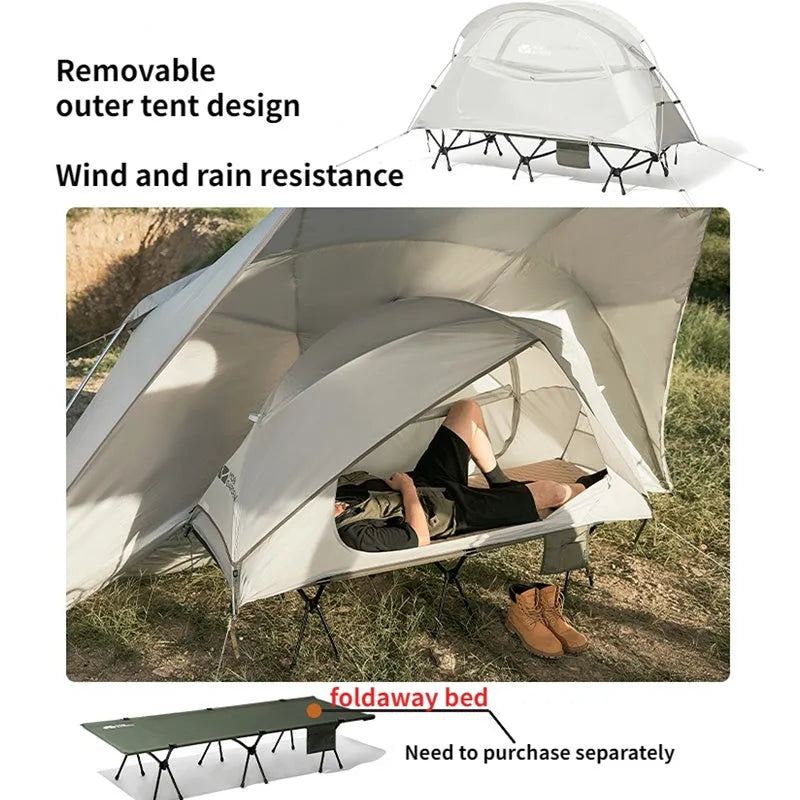 White ultra-light folding single camping tent, 195 x 65 x 88 cm unfolded, aluminium alloy poles, polyester rainproof shell