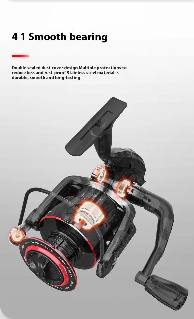 All-metal spinning fishing reel shown in 2000, 3000, 4000, and 5000 series sizes for telescopic rod fishing.