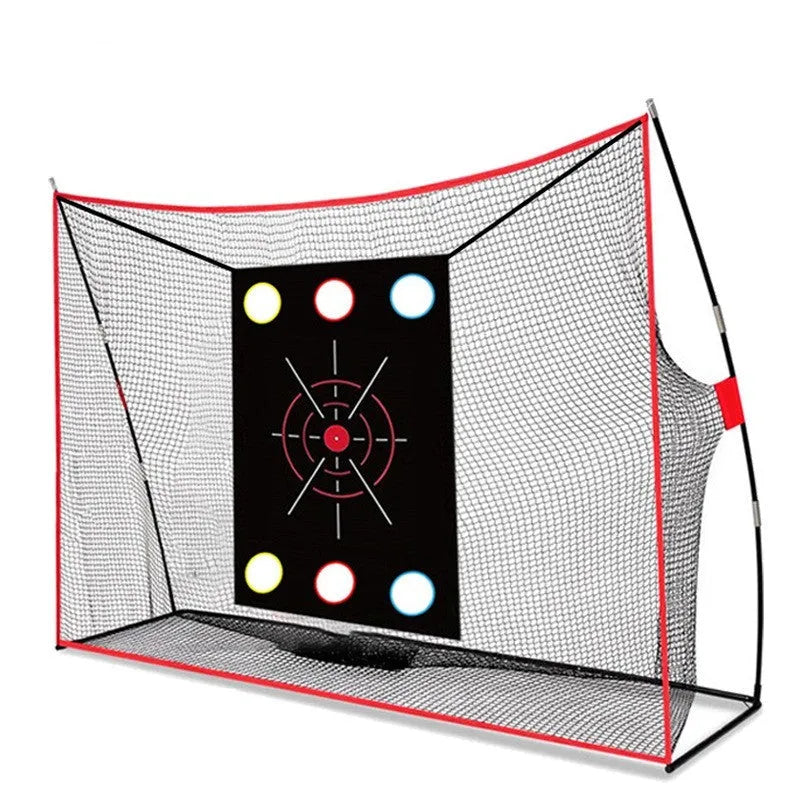Golf swing wedge training net with 3-hole cross target and straw practice mat
