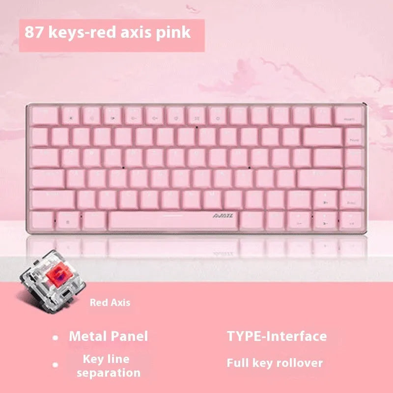 Pink-themed 82-key mechanical keyboard with white backlight on a metal chassis