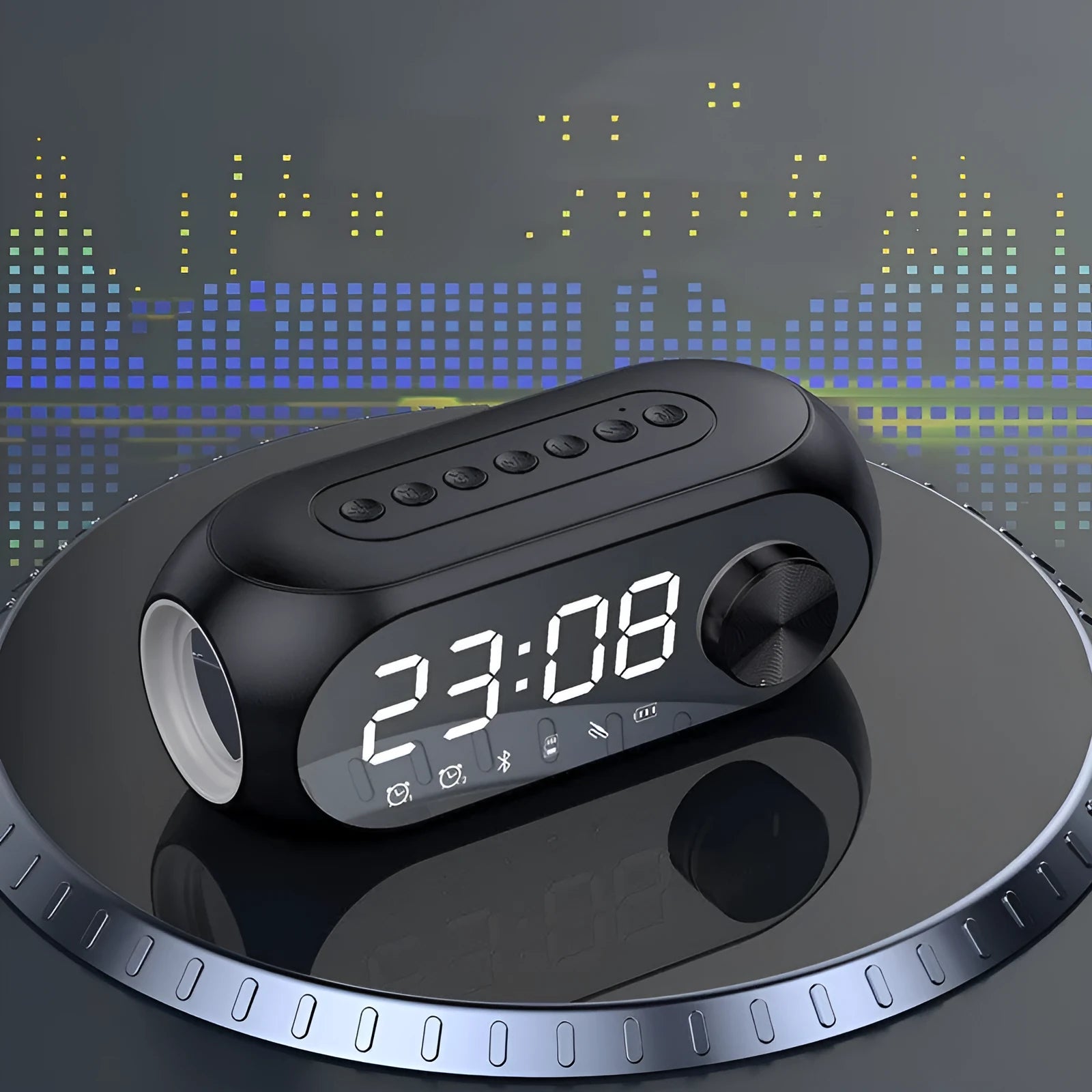Portable Bluetooth speaker with extra bass in black, white, or blue colours, showing USB charging port