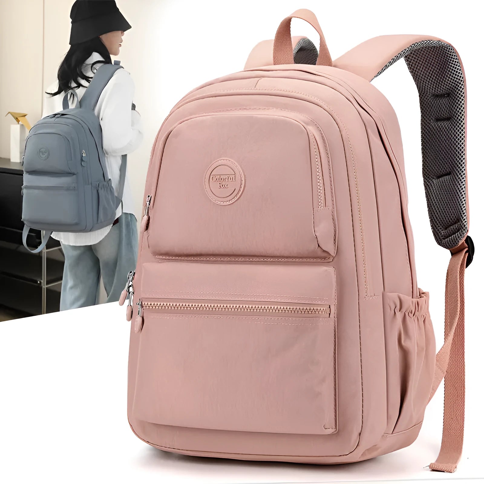 Women's nylon travel backpack in Azure Stone Green showing multiple compartments and organisational features
