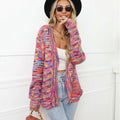 Rose red rainbow striped loose cardigan knitted coat shown on model