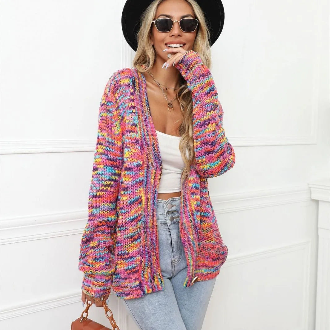 Rose red rainbow striped loose cardigan knitted coat shown on model
