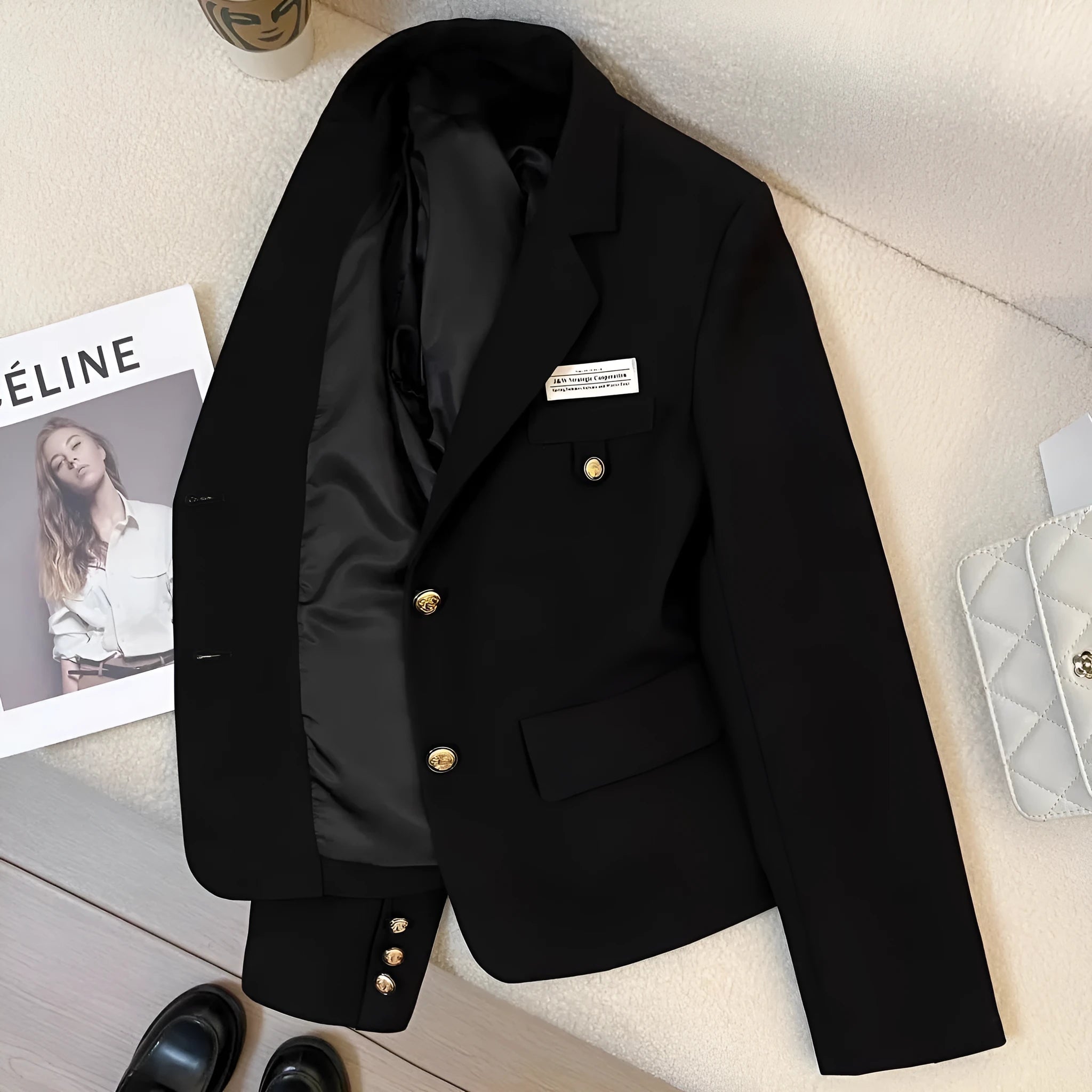 Black loose-fit women's short suit coat with long sleeves and pockets on a hanger.