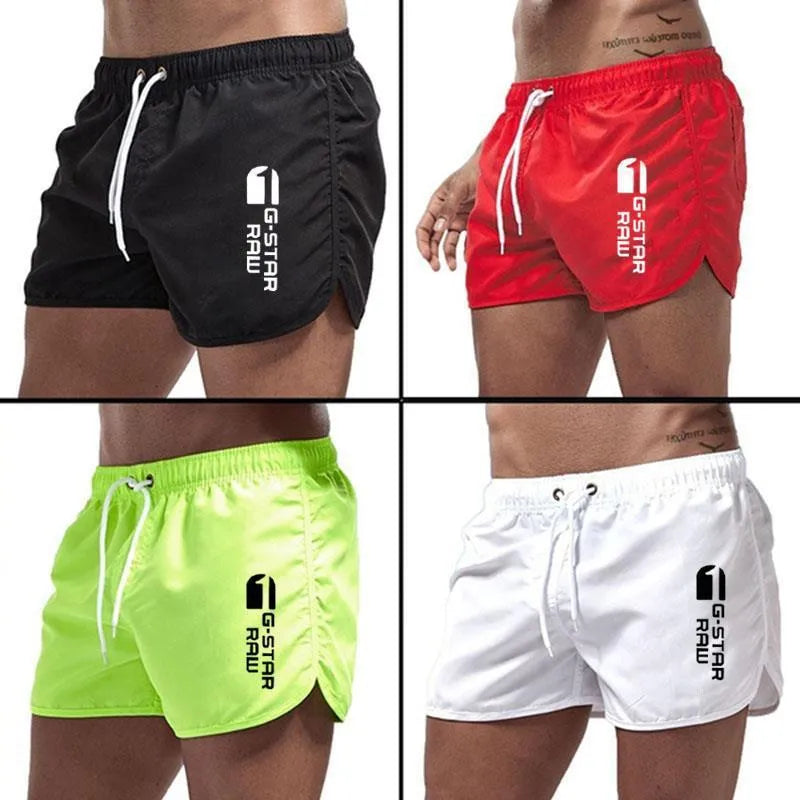 Men's thin hemp-blended polyester sports shorts in multiple colours on a size chart background.