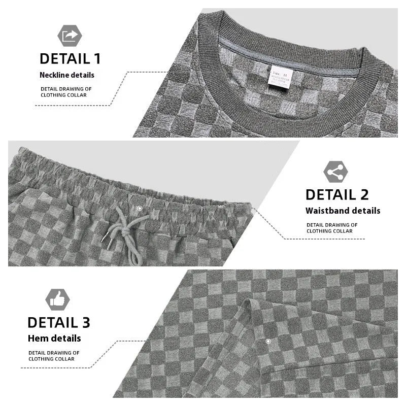 Man's loose-fit checkerboard plaid sports shorts in polyester, shown in multiple colours.