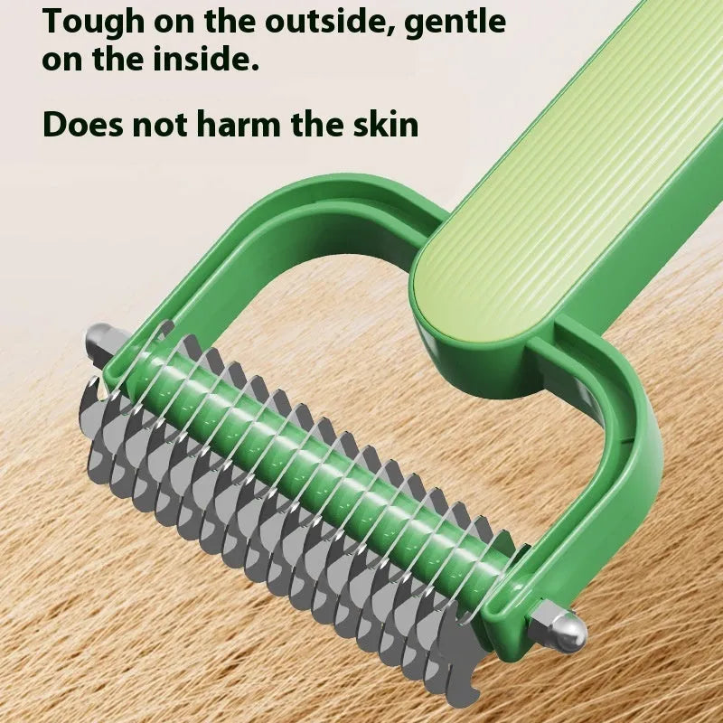 Green and grey dog de-matting combs in two sizes with stainless steel blades.