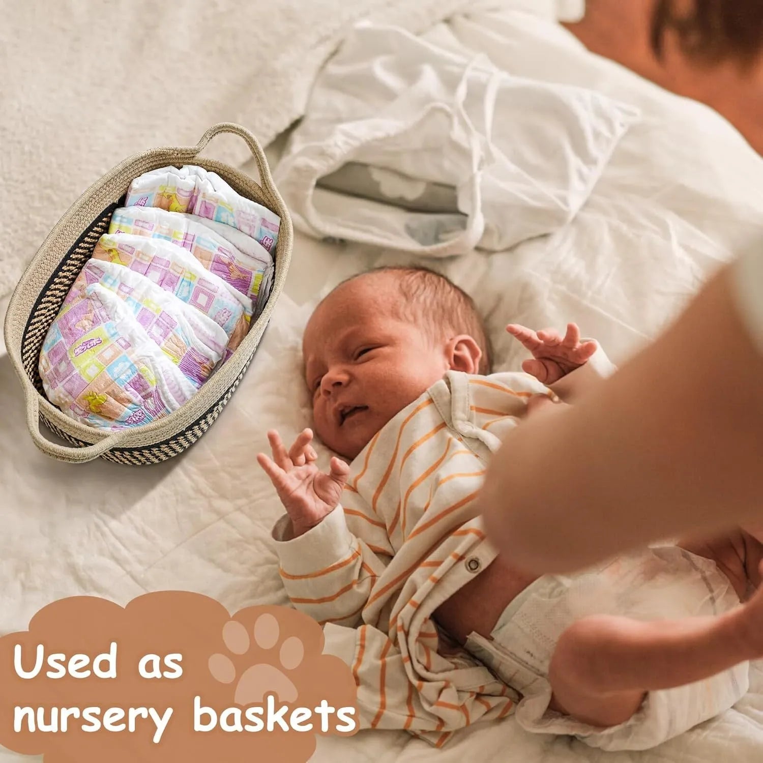 Handmade light beige woven cotton rope storage basket with wooden handle 34cm wide