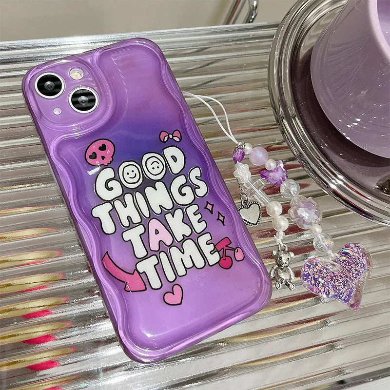 Purple graffiti English love design mobile phone case with integrated chain bracelet for iPhone