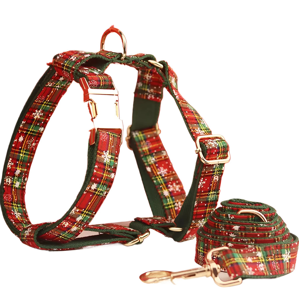 Green snowflake Christmas pet collar four-piece set with matching dog leash, vest and bow tie