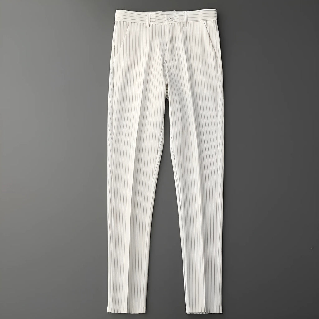 Men's loose draping suit pants in thin striped fabric showing trousers style and crop jeans cuts in black and white colours