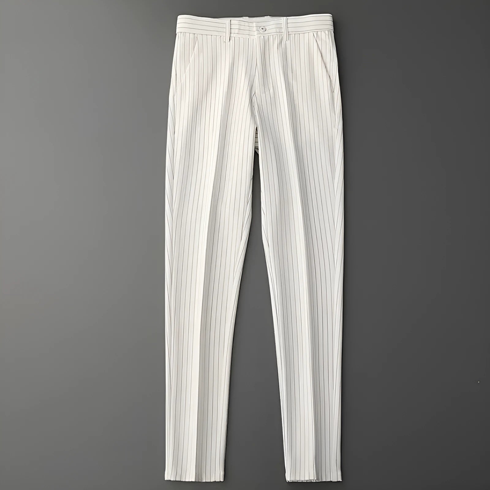 Men's loose draping suit pants in thin striped fabric showing trousers style and crop jeans cuts in black and white colours