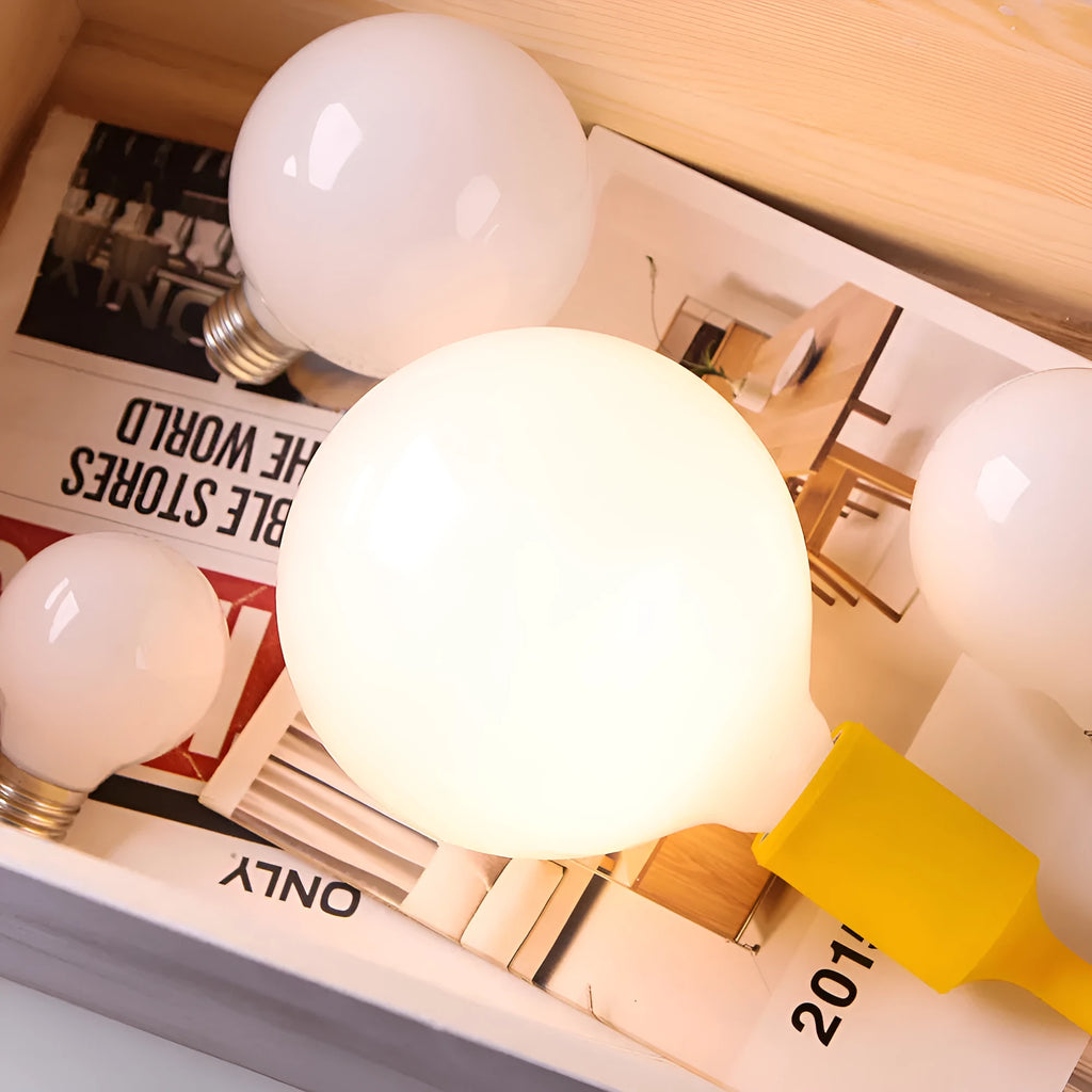 Milky white glass LED bulb with screw base, 80mm diameter, three colour temperature options, for home use