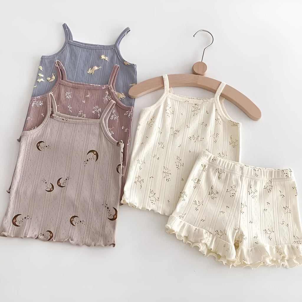 Girls' cotton camisole and shorts set in Pink Floret colour, sized 110cm height, on a plain background